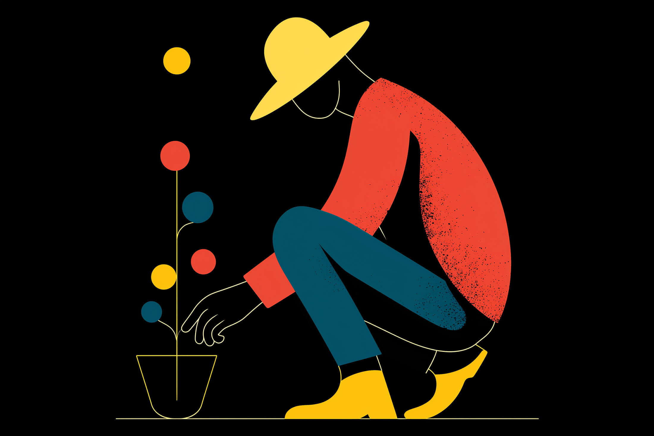 illustration of a farmer watching a seed grow into a plant